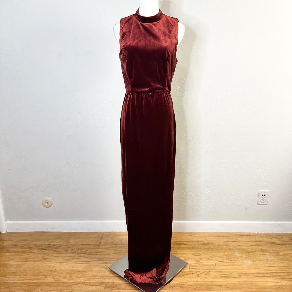 Lulus Rust Red Velvet High‎ Neck Open Back Maxi Dress Large Sleeveless Formal